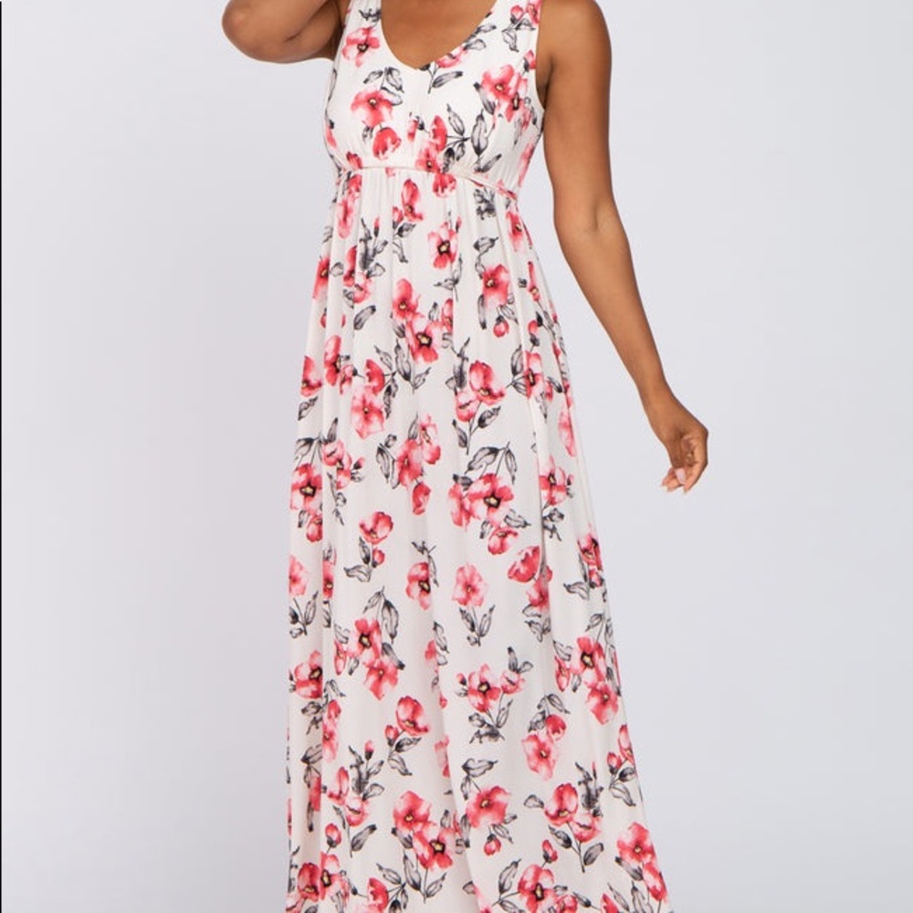 Pinkblush Tank Halter Midi Dress Small S White Pink Floral Empire Waist Stretch